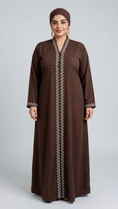 Abaya bleu marine brodée géométriquement, manches longues, longueur ras du sol, robe modeste pour femme, grande taille, style Moyen-Orient, usage quotidien - Product Image 2