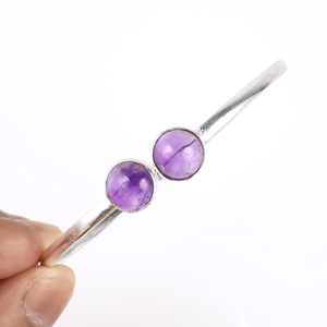 Wholesale 925 Sterling Silver Plated Natural <b>Amethyst</b> Round Gemstone Cuff Bangle Boho Minimalist Two Stone Fashion <b>Bracelet</b> - Product Image 3
