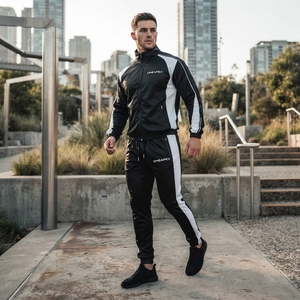 Black <b>White</b> <b>Men's</b> Tracksuit Set Full Zip Jacket <b>Jogger</b> Pants Striped Sportswear Custom Streetwear Wholesale Manufacturer - Product Image 3
