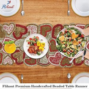 Embroidered Heart Pattern <b>Table</b> Runner Red Gold <b>Pink</b> <b>Cloth</b> Home Decor Washable Classic Style - Product Image 2