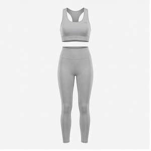 Ensemble de yoga 2 pièces North Approach : Crop top dos nageur et Legging taille haute longueur intégrale, gris uni, sans couture, respirant, vêtements de sport - Product Image 1