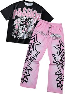 Ensemble streetwear Y2K personnalisé pour homme, t-shirt oversize à imprimé graphique sur le devant, jogging assorti, survêtement bleu étoilé, deux pièces respirantes - Product Image 2