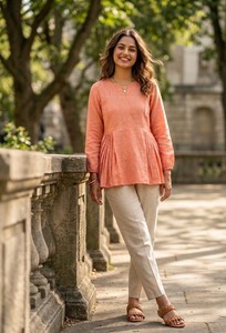 Conjunto de Top Peplum de Lino y Pantalones Rectos para Mujer, Estilo Casual Chic, Mezcla de Algodón Pastel, Cómodo para Uso Diario - Product Image 2