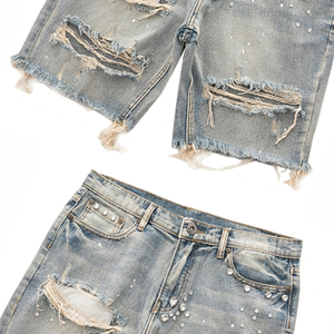 Men's Mid Waist Custom Button Fly Ripped Denim Bermuda <b>Shorts</b> With Rhinestone <b>Decoration</b> Washed Cotton Casual Style - Product Image 5