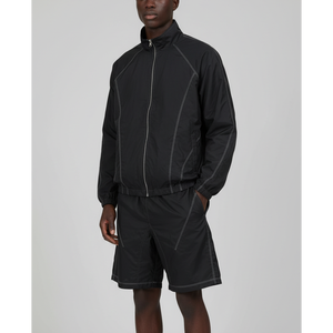 Conjunto de 2 piezas de verano 2026 personalizado de algodón 100% para streetwear: Chaqueta y pantalones cortos deportivos con ribetes negros, cortavientos. - Product Image 1