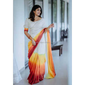 Linen Digital Print <b>Saree</b> Yellow and <b>Red</b> Party Wear - Product Image 1
