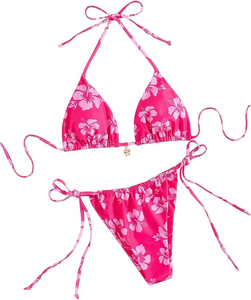 Women's Pink Floral Bikini Set <b>Crossed</b> Halter <b>Top</b> Tie Side Bottom Spandex Polyester Swimwear Two Piece Stretch Fit - Product Image 1