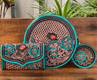 Dompet selempang kulit barat asli pirus dompet Tooled Tangan & casing koin kumparan tangan dengan set gantungan kunci untuk wanita