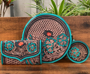 Monedero cruzado de cantimplora turquesa de cuero occidental genuino, billetera hecha a mano y estuche de monedas hecho a mano con juegos de llaveros para mujer - Product Image 2