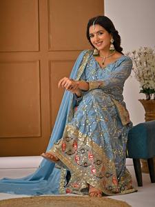 Robe de soirée en soie Chinnon bleue brodée, longueur cheville, avec dupatta, tenue ethnique pour mariage et Diwali - Product Image 4