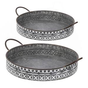 Plateaux de service ronds en métal gaufré avec poignées, lot de 2, en fer galvanisé gris, design vintage, décoration de cuisine durable - Product Image 1