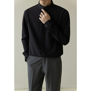 Chemise habillée décontractée pour homme à col montant uni, manches longues, tissée, boutonnée, infroissable, respirante, coupe classique, pour le printemps - Product Image 3