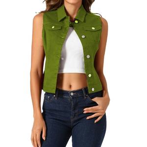 Women's <b>Green</b> Denim Vest O-Neck Single Breasted Button Closure Casual Outerwear Regular Length Solid Color Vintage <b>Lace</b> - Product Image 1
