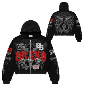 Sweat à capuche zippé noir vintage pour homme, coupe oversize, style streetwear, motif imprimé ailes d'ange et croix, collection automne 2026 Members Club - Product Image 1