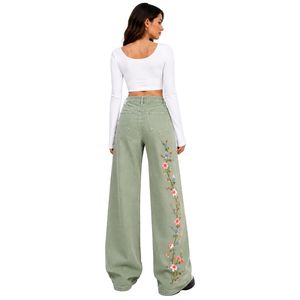Jean large brodé floral vert sauge pour femme, taille haute, coupe ample vintage, décontracté, mode, personnalisé OEM ODM - Product Image 2