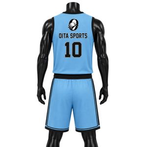 Ensemble uniforme de basket-ball pour hommes et femmes, maillot et short bleu ciel et noir, vêtements de sport légers et confortables pour équipe Oita - Product Image 2