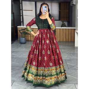 DISEÑADOR ALGODÓN SEDA PATOLA BANDHANI ESTAMPADO TRABAJO SOLO VESTIDO GRANATE - Product Image 1