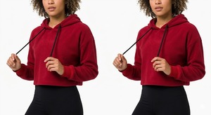 Women's <b>Red</b> Fleece Hooded Sweatshirt Short <b>Crop</b> <b>Top</b> Regular Sleeve Autumn Wear Breathable Solid Color Front Logo Design - Product Image 4