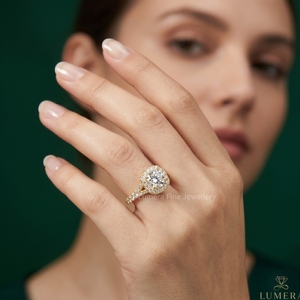 Bague de fiançailles avec halo de diamants de laboratoire taille ronde, en or jaune 18 carats, micro-pavé, pour femme, bijoux personnalisés OEM - Product Image 6
