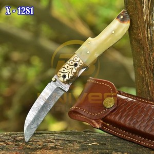 Custom Damascus Steel Folding Hunting <b>Knife</b> Natural <b>Bone</b> <b>Handle</b> Leather Sheath Outdoor Camping Pocket EDC <b>Knife</b> - Product Image 2