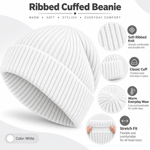 White Blank Rib Cuff Beanie Custom Logo Clean Knit <b>Winter</b> Hat Unisex Brand Merch Streetwear <b>Winter</b> <b>Cap</b> Casual Style Beanie - Product Image 6