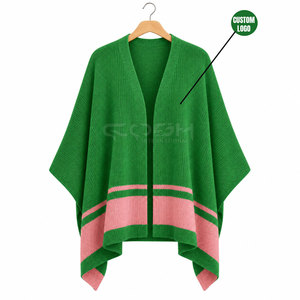 Cosh International Sorority Sisterhood Green Pink Color Block Rib Knit <b>Poncho</b> Batwing Sleeve Casual Long Cape Top Sweater - Product Image 5