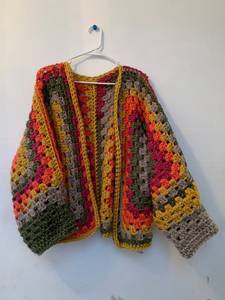Women's <b>White</b> Hand <b>Knitted</b> <b>Cardigan</b> With Mushroom Appliques Puff Sleeve V Neck Crop Length Casual Sweater - Product Image 1