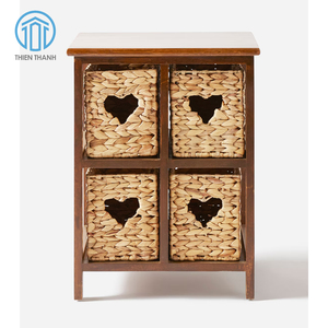 Brown Wooden <b>Storage</b> <b>Cabinet</b> Chest 4 Woven Seagrass Basket <b>Drawers</b> Heart Cutout Handle Nightstand Living Room Furniture Sets - Product Image 1