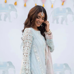 Vestido Anarkali Pakistaní Premium Azul Hielo Brillante, Largo, con Cuerpo Adornado con Cristales y Detalles Intrincados en Plata - Product Image 1