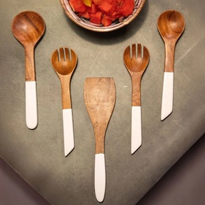 5 Piece Acacia Wood Utensil <b>Set</b> with White Handles Cooking Spoon Fork <b>Spatula</b> - Product Image 1