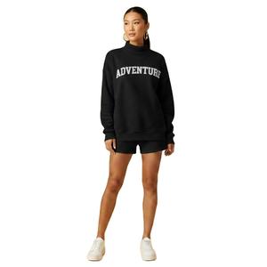 Womens Black Solid "ADVENTURE" Text Print Mock Neck Oversized <b>Sweatshirt</b> and Shorts Set <b>Long</b> Sleeve Casual Streetwear Activewear - Product Image 1