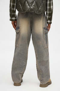 Pantalones Cargo de Mezclilla Lavada para Hombre, Algodón de Peso Medio, Estilo Utilitario Holgado con Parches, para Otoño - Product Image 2