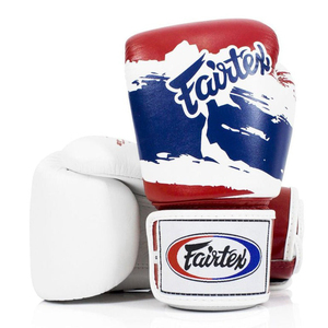 Nouveaux gants de boxe Fairtex personnalisés pour la compétition, Muay Thai, Kickboxing, rouge, blanc, bleu, fermeture à sangle au poignet, cuir véritable, adultes - Product Image 1