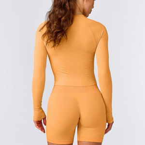 Custom <b>Thumb</b> Hole Design <b>Cuffs</b> Solid Color Long Sleeve Shirt Women Crop Length Pattern Workout Wear Fitness Tight Shirt - Product Image 6