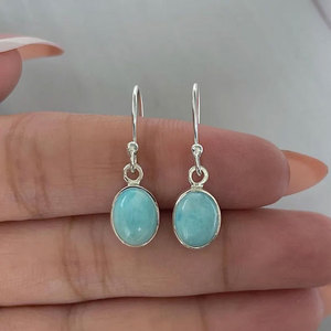 Handmade Gold Plated <b>Sterling</b> <b>Silver</b> Larimar Oval <b>Earrings</b> Natural Blue Gemstone Minimalist <b>Dangle</b> Jewelry for Women Party - Product Image 2