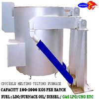 Four continu Indotherm à double combustible, 500 kg, avec creuset en carbure de silicium, pour acier doux, à gaz et à mazout, à pompe hydraulique inclinable et roulement de pompe