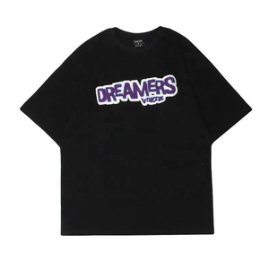 T-shirt en coton noir gaufré Dreamers Flock pour homme, coupe classique, streetwear, manches courtes, col rond, respirant, séchage rapide, logo frontal - Product Image 1