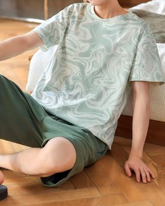 Conjunto de Pijama de Verano para Hombre, Manga Corta, Cuello Redondo, Estampado, Tejido de Poliéster, Ropa de Dormir Informal, Transpirable, Ligeramente Elástica, Verde - Product Image 2