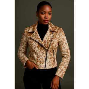 Veste moto en cuir véritable pour femme, imprimé animal, col montant, fermeture éclair, manches longues, style automne, longueur normale - Product Image 6