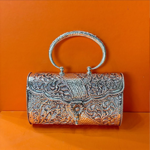 <b>Silver</b> brass hand <b>clutch</b> featuring elaborate filigree work, a central multi-gemstone medallion, an oversized handle,at wholesale - Product Image 2
