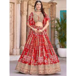 Robe de mariée en dentelle rouge, style lehenga choli, pour la mariée, avec manches courtes - Product Image 4