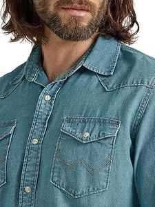 Camisas de Hombre de Manga Larga, Estilo Safari, de Algodón y Mezclilla, Transpirables, Color Azul, Lavadas, Corte Casual - Product Image 5