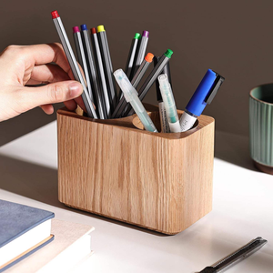 Porte-stylos et porte-crayons en bois massif de chêne moderne à deux compartiments pour bureau, maison, école, organisateur de fournitures de bureau - Product Image 6