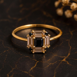 Top Quality 925 Sterling Silver Art Deco Geometric <b>Ring</b> Emerald Cut Black Onyx & Champagne Zirconia <b>Statement</b> Jewelry For Women - Product Image 1