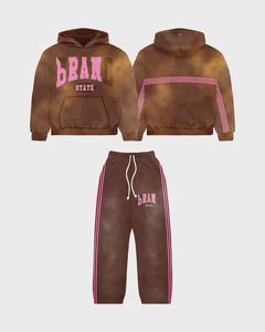 Ensemble de survêtement marron rose de la marque State |   Sweat-shirt surdimensionné et pantalon de jogging |   Ensemble assorti streetwear rayé délavé style universitaire OEM - Product Image 1
