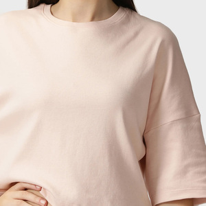 T-shirt court pour femme 100% coton, manches trois quarts, col rond, coupe ample, couleur unie, décontracté, respirant, pour le printemps et l'été - Product Image 4