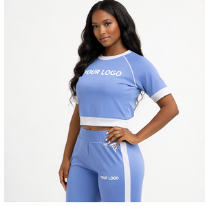 Conjunto de Top Corto y Leggings para Mujer con Logotipo Personalizado, Manga Corta Raglán, Pantalones de Cintura Alta, Traje Deportivo de Dos Piezas para Gimnasio y Fitness - Product Image 4