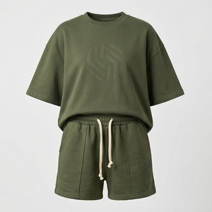 Conjunto de 2 Piezas de Punto Verde Oliva para Mujer, Camiseta de Manga Corta con Bolsillo, Corte Holgado, Informal, para Primavera/Verano - Product Image 5