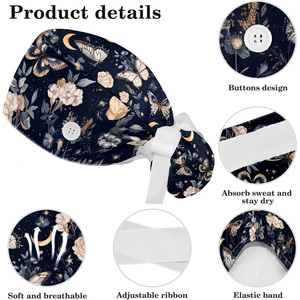 Black Floral Butterfly Surgical <b>Cap</b> with Button and Tie Back Unisex Hospital Uniforms Accessories Satin Fabric Needle Detection - Product Image 2
