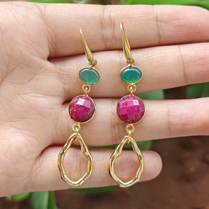 Women's <b>Earrings</b> Green Onyx and Dyed Ruby Geometric Drop <b>Earring</b> Brass 18k Gold Plated Bohemia Style Wholesale Fashion Jewelry - Product Image 2